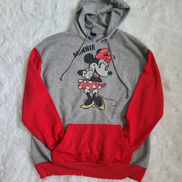 Disney Minnie Mouse Gray Oversized Graphic Red Sleeve Hoodie Small - Picture 10 of 12
